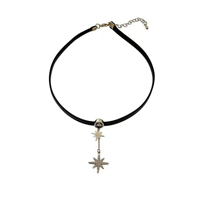 Unique Octagram Star Pendant Leather Rope Necklace Fashion Jewelry for Women