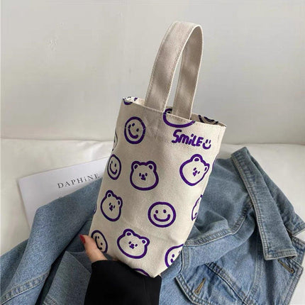 2pcs Cartoon Printed Canvas Bag Cute Casual Handbag Cup Holder Tote Bag Set