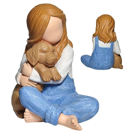 Little Girl Holding Dog Resin Figurine Cute Home Decoration Gift for Pet Lovers
