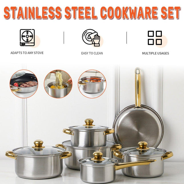 12pcs Stainless Steel Cookware Set Pots and Pans Kitchen Cooking Utensil Set