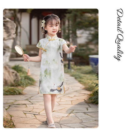Elegant Floral Traditional Chinese Girl Short-sleeved Cheongsam Dress Outfit