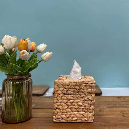 Straw Woven Tissue Box Rustic Style Extractable Tissue Drawer Desktop Organizer