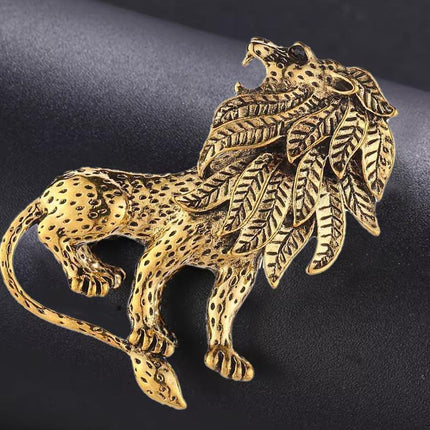 Large Antique Gold Plated Lion King Style Fashion Statement Brooch Textured Mane - Aimall