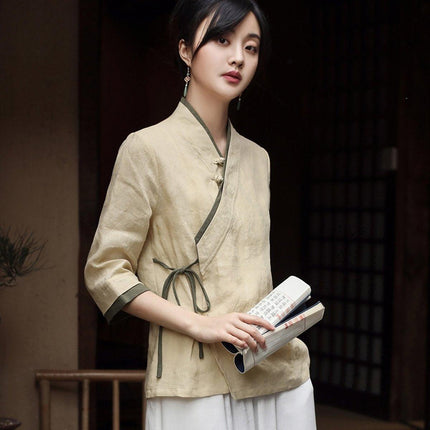 Improved Hanfu Women Cross Collar Chinese Style Retro Tea Art Health Tang Suit
