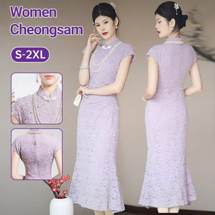 New Chinese Purple Cheongsam Dress Summer Modified Fishtail Dress for Women