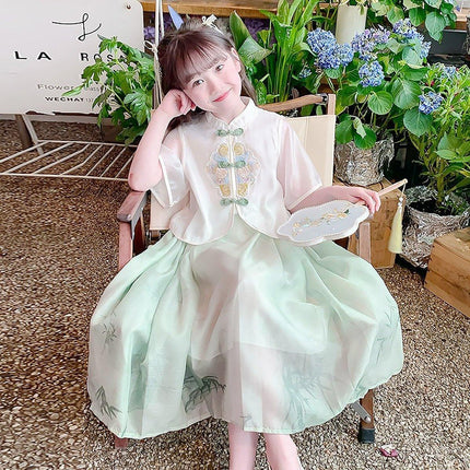 Traditional Chinese Style Girls Hanfu Vest Cardigan and Skirt Set for Costume