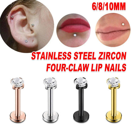 Stainless Steel Four Claw Zirconia Lip Stud Earrings Hypoallergenic Body Jewelry