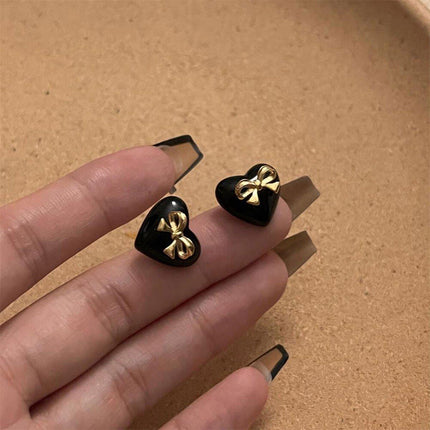Elegant Black Heart Earrings with Golden Bow for Girls Sweet Fashion Jewelry