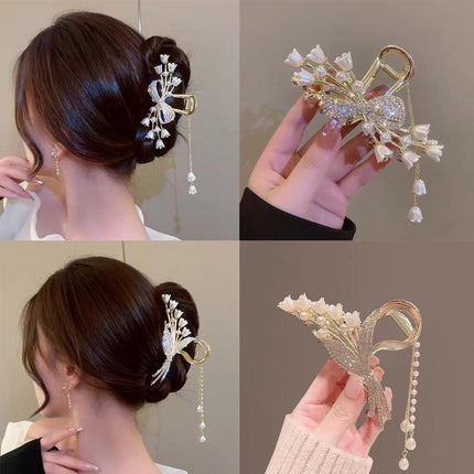 Rhinestone Pearl Butterfly Hair Clip Elegant Girls Hair Claws Hair Accessories - Aimall