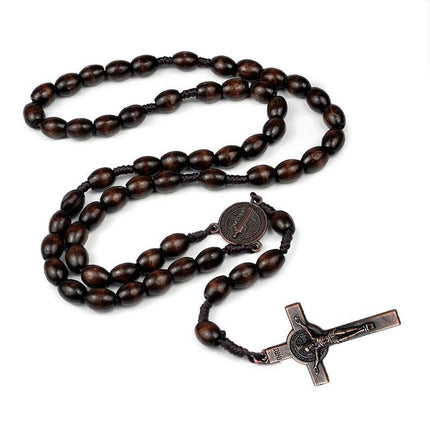 1PC Wooden Rosary Beads Necklace Christian Cross Catholic Rosary Beads - Aimall