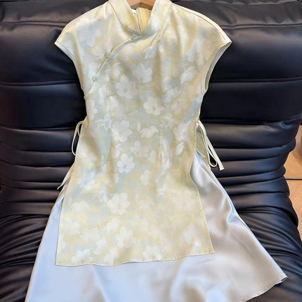 Elegant Summer Girl Floral Cheongsam Dresses Long Slimming Sleeveless Dress Set