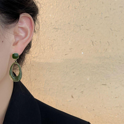 Retro Glossy Green Resin Earrings Women Fashion Round Dangle Jewelry Gift