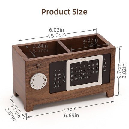 Black Walnut Wood Perpetual Calendar Pen Holder Desktop Organizer Office Storage