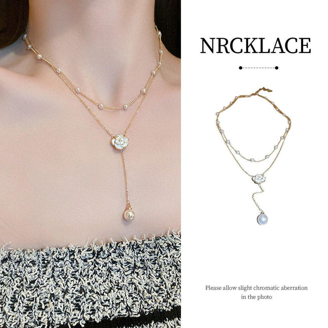 Gold Pearl Camellia Long Tassel Necklace Elegant Airy Jewelry for Women Gift