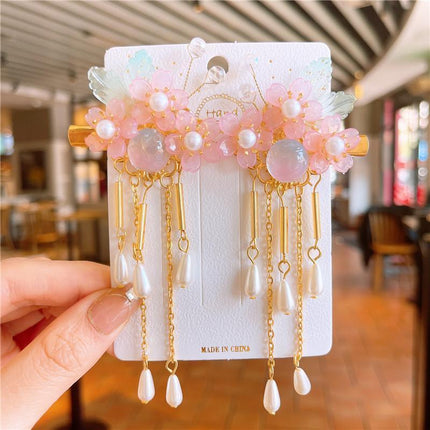 2Pcs Hanfu Flower Hair Clip Pearl Tassel Butterfly Hairpin Female/Children Party - Aimall