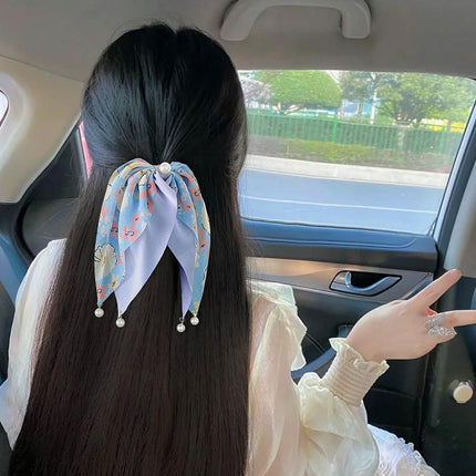 Vintage Boho Silk Bowknot Flower Hair Scrunchies Women Hair Bands Rope Pearl - Aimall