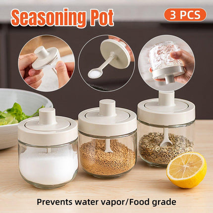 3PCS Glass Seasoning Jar with Spoon Lid Kitchen Salt Spice Storage Box Organizer