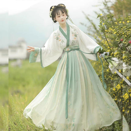 Hanbok Women One Piece Green Flounce Skirt Set Traditional Chinese Style Dress