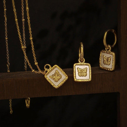 Vintage Butterfly Pendant Necklace and Earrings Set Fashion Jewelry Gift for Her