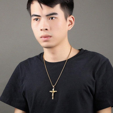 Men Stainless Steel Gold Silver Black Jesus Crucifix Pendant Chain Necklace Gold - Aimall