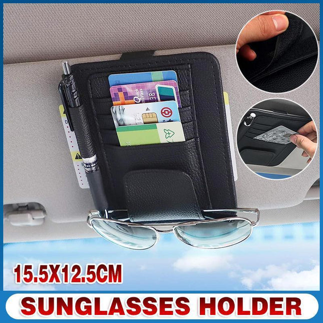 Sun Visor Organizer Sunglasses Holder Card Storage PU Leather Pouch Car Black - Aimall