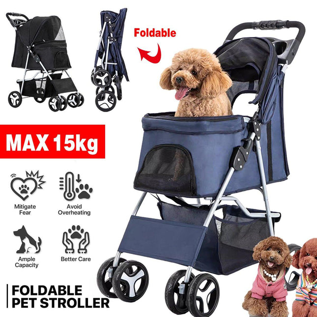 Foldable Pet Stroller 4 Wheels Dog Cat Travel Pram Carrier Cage Pushchair - Aimall