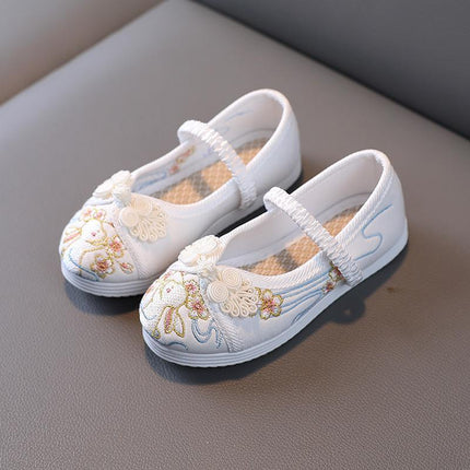 White Chinese Old Beijing Girl Child Embroidered Cloth Floral Shoes Hanfu Dance Shoes - Aimall