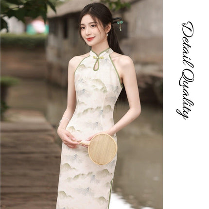 Spring Summer Silk Hemp Cheongsam Long Dress Improved Sleeveless Chinese Qipao