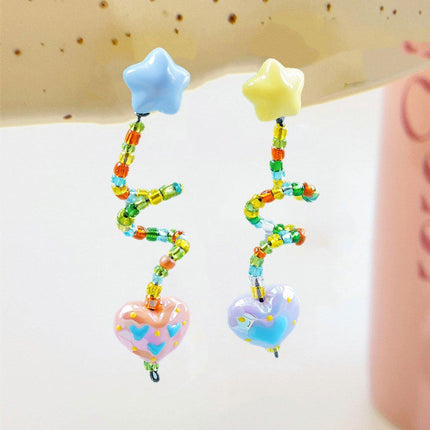 Colourful Beaded Resin Love Earrings Asymmetrical Cloud Drop Long Dangle Jewelry
