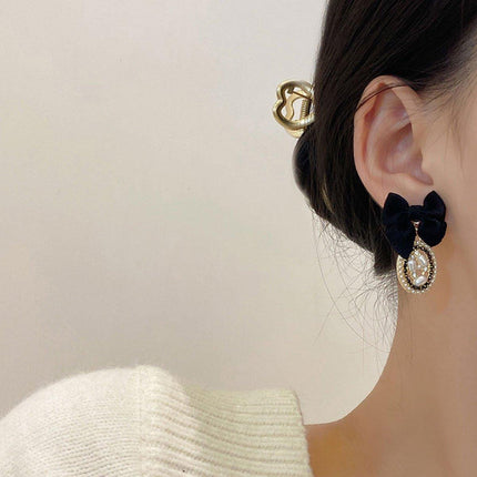 Vintage Oval Earrings Women Black Bow Elegant Jewelry Fashion Accessories