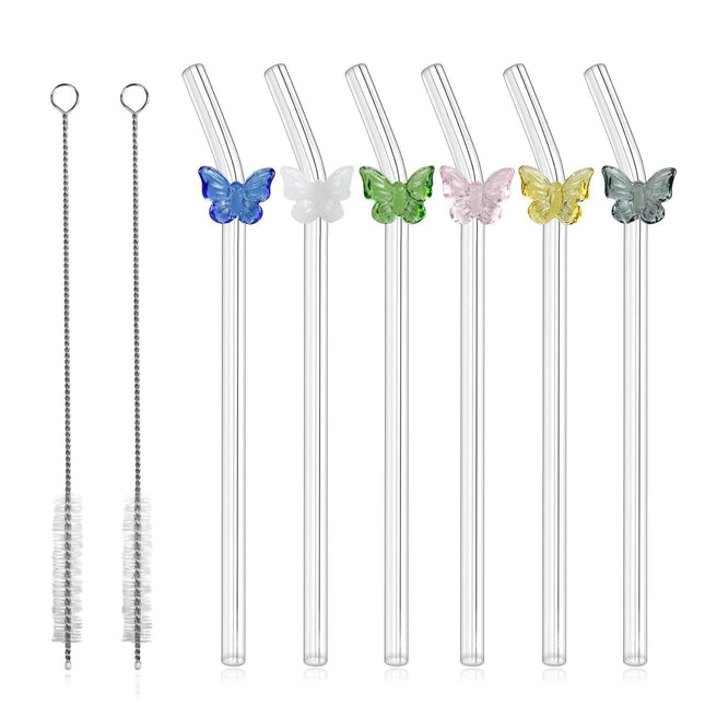 8pcs Colourful Butterfly Glass Straw Reusable Heat Resistant Proof MultiColours