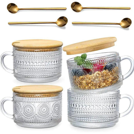 4PCS Vintage 14oz Embossed Glass Coffee Cups with Bamboo Lid and Spoon for Tea Milk