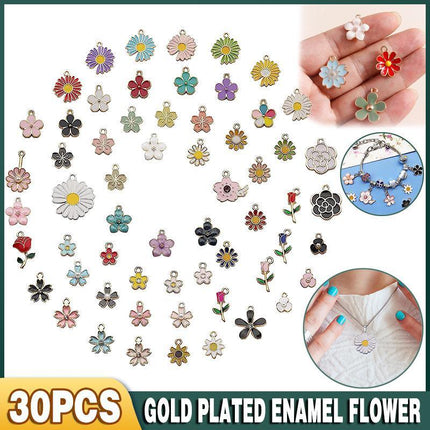 30PCS Assorted Gold Plated Enamel Flower Charms Pendant DIY For Jewelry Making - Aimall