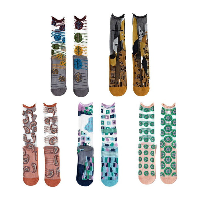 5Pair Thin Cartoon Trendy Socks Sheer Street Style Glass Silk Unisex Socks Party
