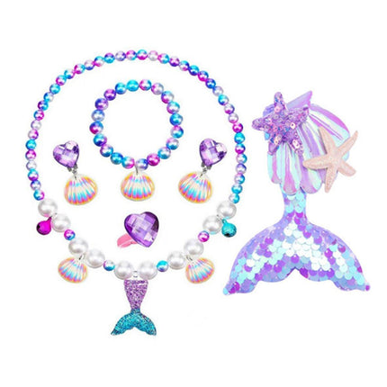 Girls Mermaid Fishtail Jewelry Set Necklace Bracelet Shell Earrings Ring Gift