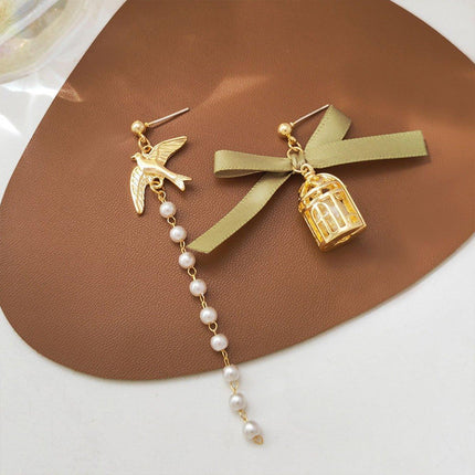 Bird Cage Asymmetrical Earrings Bow Long Fringe Dangle Jewelry Women Fashion