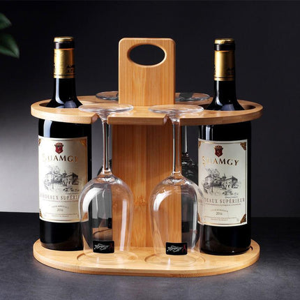 Wooden Wine Rack Free Standing 2Bottles with 4Glasses Holder Bamboo Wine Storage