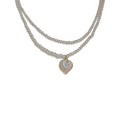 White Heart Pearl Double Layer Necklace Sweet Elegant Versatile Jewelry Gift