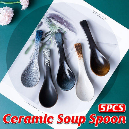 5pcs Ceramic Soup Spoons Household Kitchen Utensils for Cooking and Serving Food