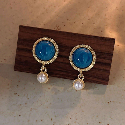 Retro Blue Oil Drop Earrings Fashion Needle Jewellery Elegant Niche Style