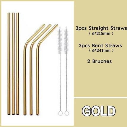 Reusable 304 Stainless Steel Straws Metal Drinking Washable Straw Brushes Set 2 - Aimall