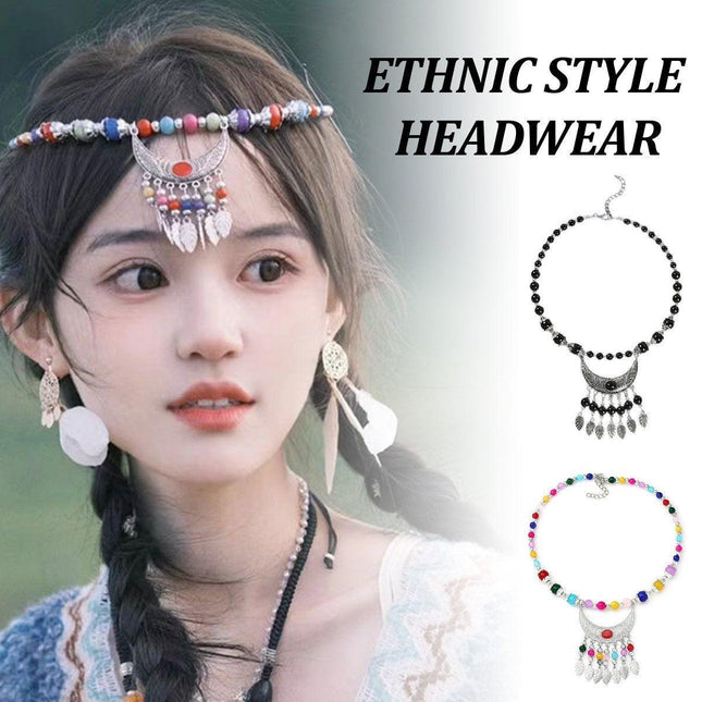 Vintage Ethnic Crescent Leaf Fringe Headpiece Forehead Chain Boho Fashion