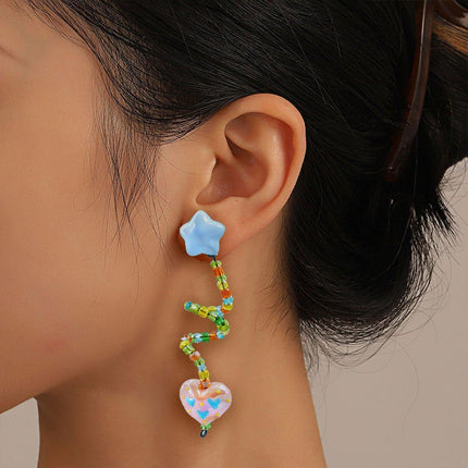 Colourful Beaded Resin Love Earrings Asymmetrical Cloud Drop Long Dangle Jewelry