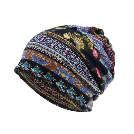 Ethnic Style Cotton Flower Stripe Pullover Cap Dual Purpose Turban Hat for Women