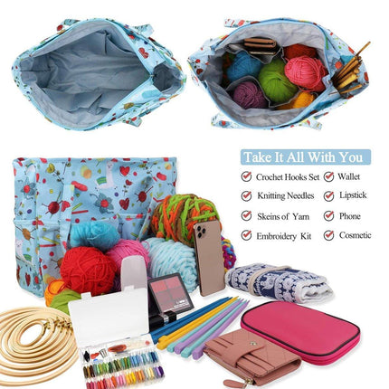 Crochet Yarn Storage Bag Blue Oxford Fabric Knitting Organizer Tote for Crafts