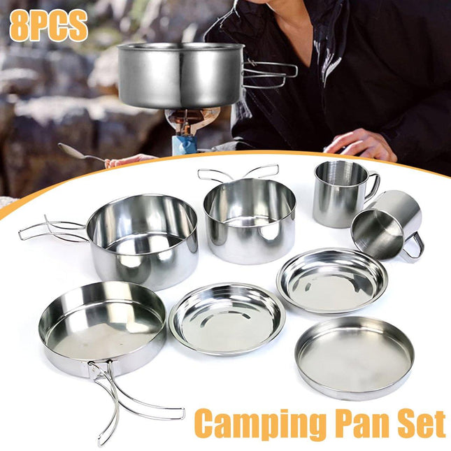 8PCS Camping Cookware Stainless Steel Outdoor Picnic Pot Cook Pan Set Hiking BBQ - Aimall