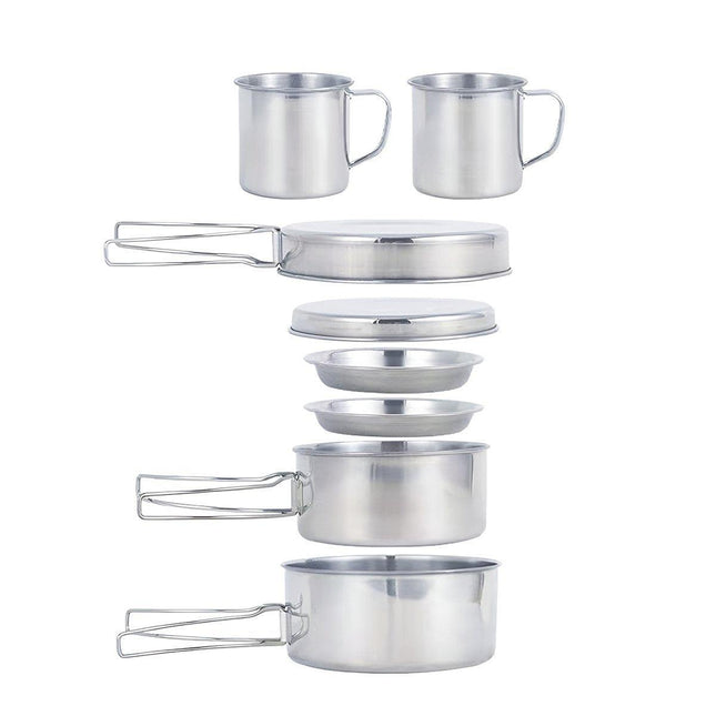 8PCS Camping Cookware Stainless Steel Outdoor Picnic Pot Cook Pan Set Hiking BBQ - Aimall