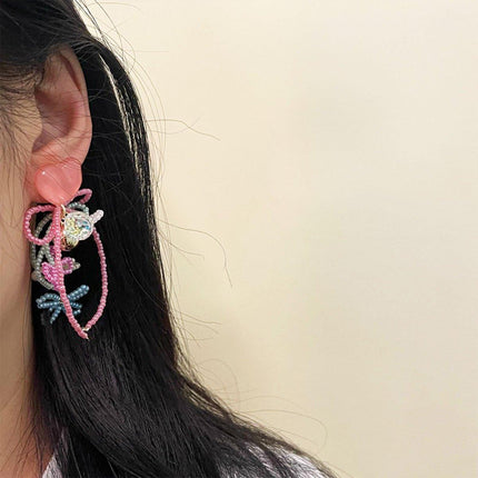 Cute Girly Pink Love Beaded Earrings Bow Bells Fashion Jewellery Women