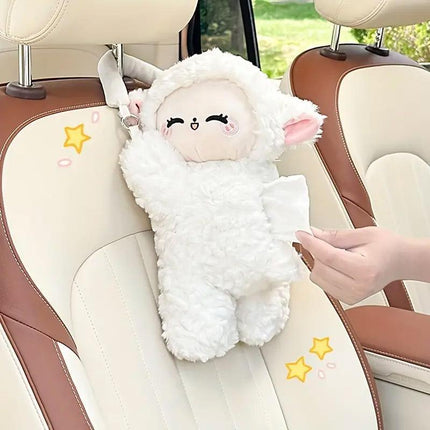 Car Tissue Box Multifunctional Hanging Drawer Box Cartoon Plush Sheep Design