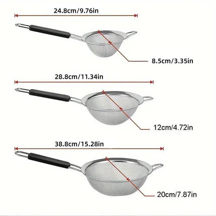 3pcs Stainless Steel Strainer Sifter for Soya Milk Flour Tea Juice Leak Proof